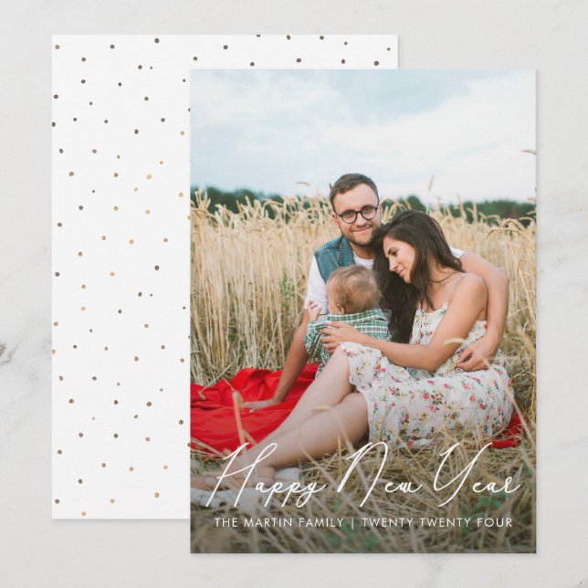Tarjeta Festiva Elegante guión de Año Nuevo Feliz con foto de punt (Anverso / Reverso)
