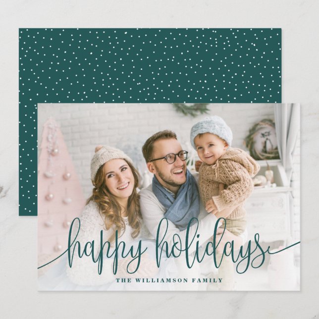 Tarjeta Festiva Elegante guión de foto completa Feliz feriado verd (Anverso / Reverso)
