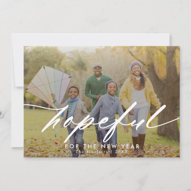 Tarjeta Festiva Elegante guión de foto superpuesta de Año Nuevo (Anverso)