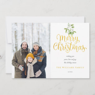 Tarjeta Festiva Elegante guión de oro Merry Christmas muérdago
