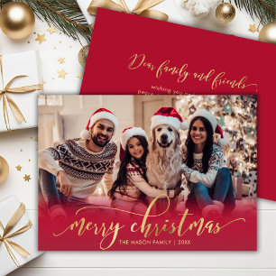Tarjeta Festiva Elegante guión de oro Navidades de fotografía rojo