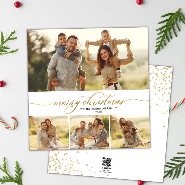 Tarjeta Festiva Elegante Guión Dorado 4 Navidades multifoto (Subido por el creador)