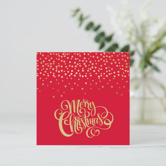 Tarjeta Festiva Elegante Guión Dorado y Navidades Rojos Confetti (Anverso de pie)