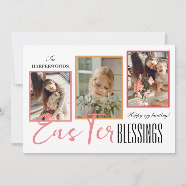 Tarjeta Festiva Elegante guión Feliz Familia de Pascua Tres Foto (Anverso)