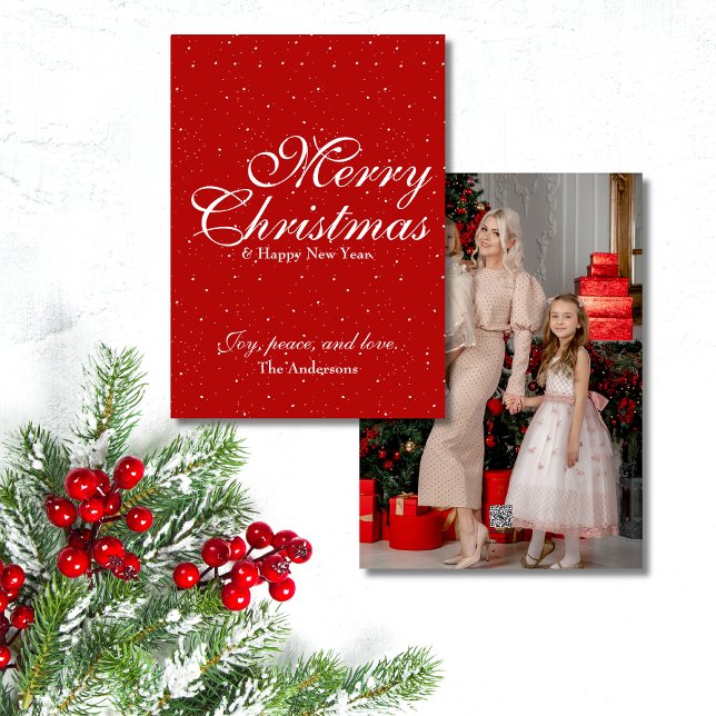 Tarjeta Festiva Elegante guión Feliz Navidad| Una foto| Rojo (Spread the holiday cheer this season with this simple yet elegant Christmas card. Order yours today!)
