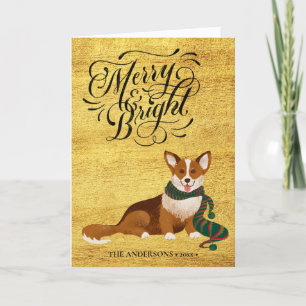 Tarjeta Festiva Elegante guión MERRY y BRIGHT Cute Corgi Fun