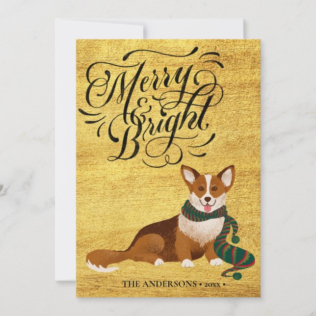Tarjeta Festiva Elegante guión MERRY y BRIGHT Cute Corgi Fun (Anverso)