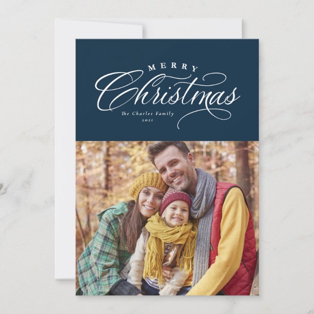 Tarjeta Festiva Elegante guión navideño simple marina (Anverso)