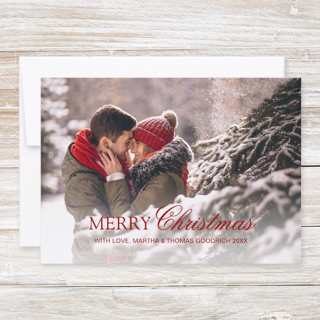 Tarjeta Festiva Elegante guión rojo Merry Christmas Gradient Photo (Simple, classy christmas photo card "Happy Holidays" with elegant red script typography.)