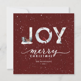Tarjeta Festiva Elegante guión rojo moderno JOY escena de nieve de