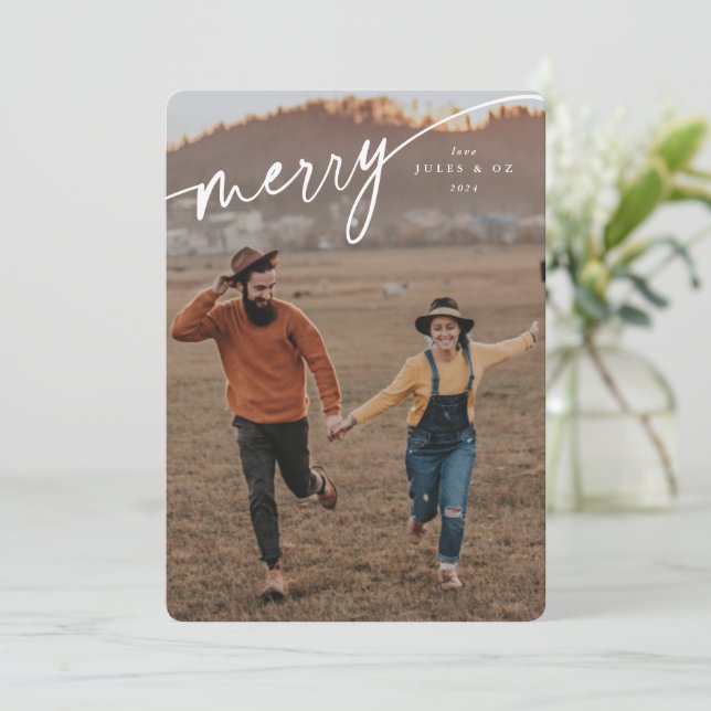 Tarjeta Festiva Elegante guión tipográfico blanco merry (Anverso de pie)