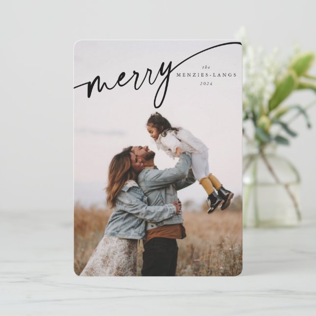 Tarjeta Festiva Elegante guión tipográfico merry negro (Anverso de pie)