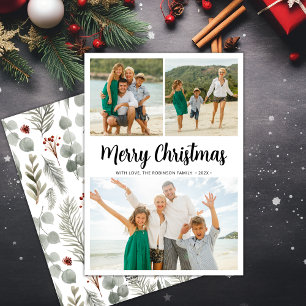 Tarjeta Festiva Elegante guión verde 3 Navidades multifoto