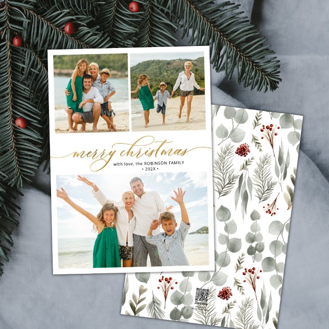 Tarjeta Festiva Elegante guión verde 3 Navidades multifoto (Subido por el creador)