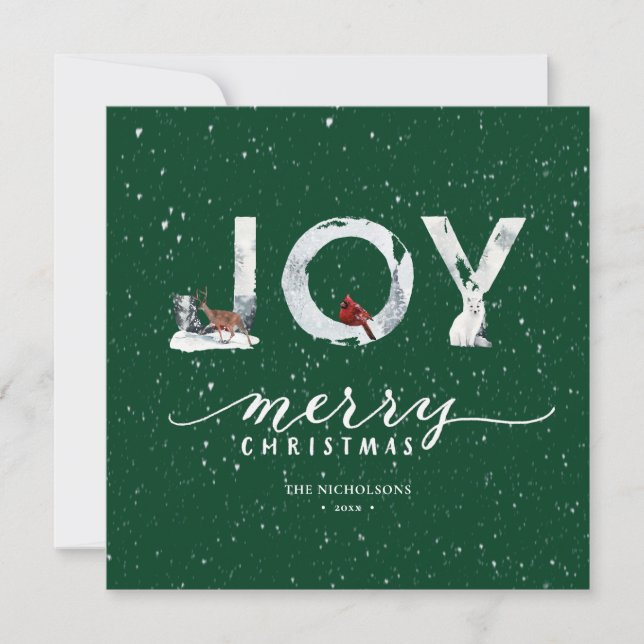 Tarjeta Festiva Elegante guión verde moderno JOY sobre nieve blanc (Anverso)