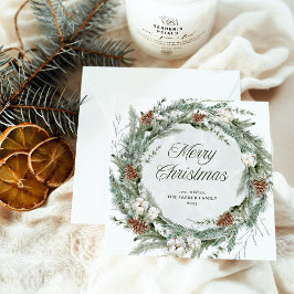 Tarjeta Festiva Elegante guirnalda de pino y vegetación | Feliz Na