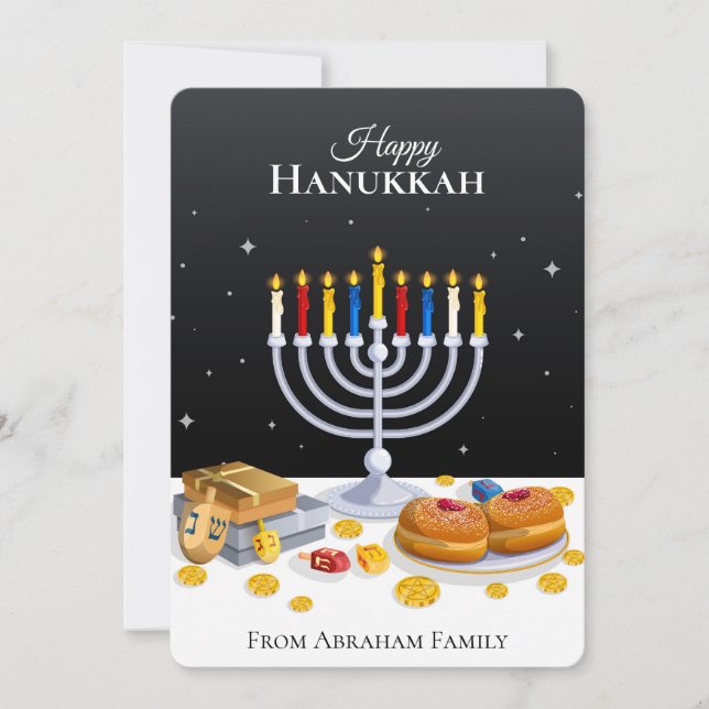 Tarjeta Festiva Elegante Hanukkah Menorah Sufganiyot Dreidel (Anverso)