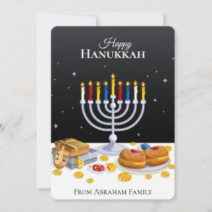 Tarjeta Festiva Elegante Hanukkah Menorah Sufganiyot Dreidel