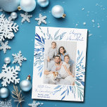 Tarjeta Festiva Elegante Happy Hanukkah Blue Botanfamily Photo<br><div class="desc">Hermosas hojas botánicas de acuarela azul surgen de tu fotografía vertical de la familia judía para un Hanukkah feliz. Personalice esta elegante tarjeta de fotos de Chanukah con una segunda imagen horizontal en la parte posterior.</div>