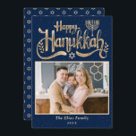 Tarjeta Festiva Elegante Happy Hanukkah Navy foto azul y dorada<br><div class="desc">Elegante tarjeta de vacaciones de la Marina de Hanukkah con fotos azules y doradas</div>