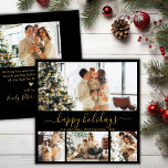 Tarjeta Festiva Elegante Happy Holidays Script Black Gold 5 Photo<br><div class="desc">Elegante tarjeta de vacaciones "Happy Holidays" Caligraphy Black and Gold 5 Photo Navidades. Este collage de fotos de cuatro (4) fotos y una (1) foto en la plantilla de la tarjeta de vacaciones de la parte trasera incluye un texto de bonito "Felices Fiestas" escrito en un hermoso guión de letra...</div>