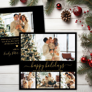 Tarjeta Festiva Elegante Happy Holidays Script Black Gold 5 Photo