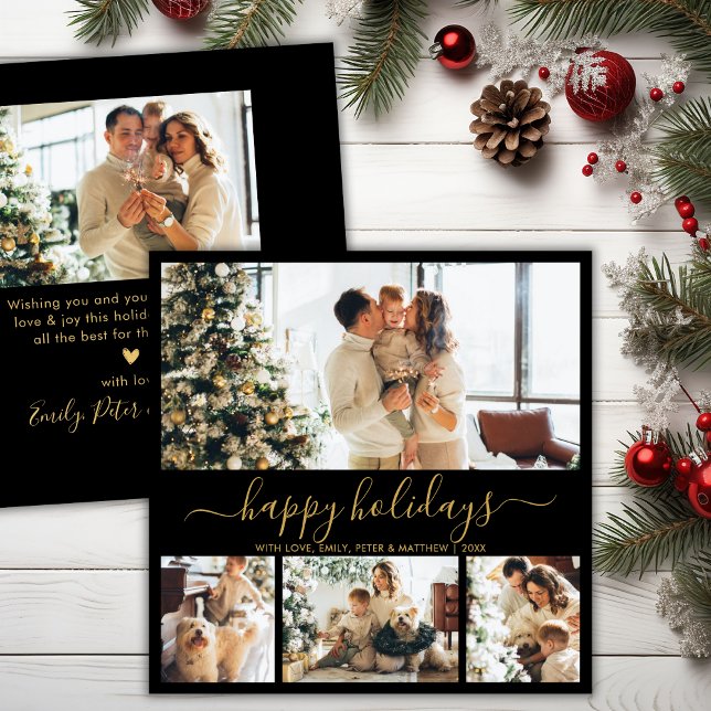 Tarjeta Festiva Elegante Happy Holidays Script Black Gold 5 Photo (Subido por el creador)