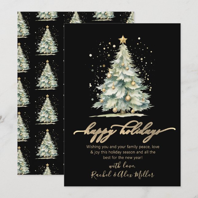 Tarjeta Festiva Elegante Happy Holidays Script Tree Non Photo Blac (Anverso / Reverso)