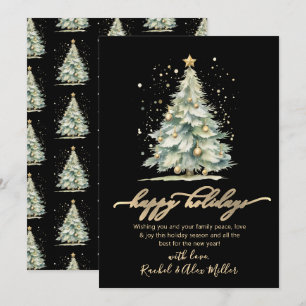 Tarjeta Festiva Elegante Happy Holidays Script Tree Non Photo Blac