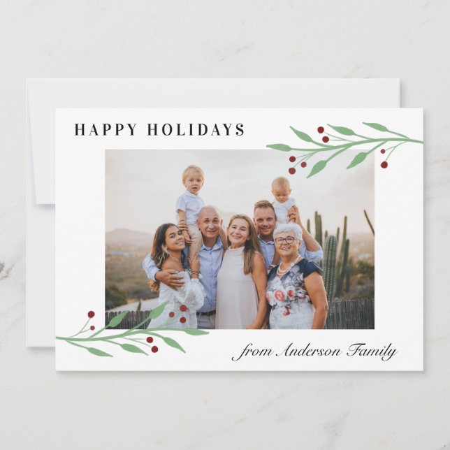 Tarjeta Festiva Elegante Happy Holidays Watercolor Cherry Photo (Anverso)