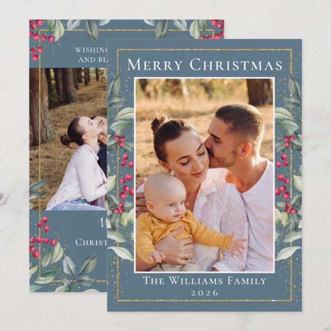 Tarjeta Festiva Elegante Holly Berries Navidades Gris Azules 2 Fot (Anverso / Reverso)