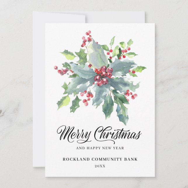 Tarjeta Festiva Elegante Holly Berries No-Photo 2022 Corporate (Anverso)