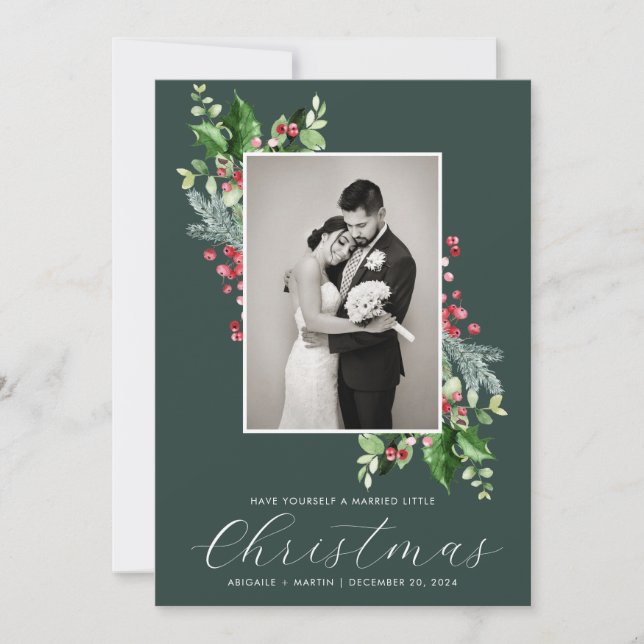 Tarjeta Festiva Elegante Holly Berry Boda foto verde (Anverso)
