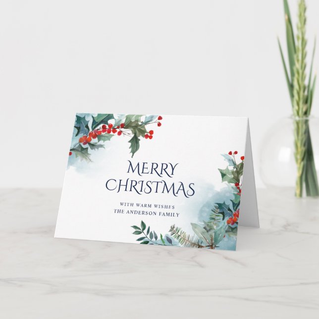 Tarjeta Festiva Elegante Holly Berry Navidades Mistletoe Greeting (Anverso)