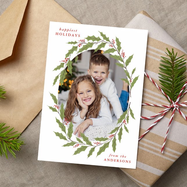 Tarjeta Festiva Elegante Holly Berry Oval Wreath 3 Foto (Subido por el creador)