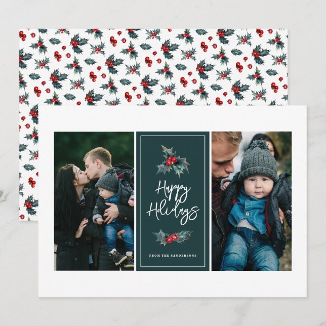 Tarjeta Festiva Elegante Holly Dos Fotografías Felices Fiestas (Anverso / Reverso)