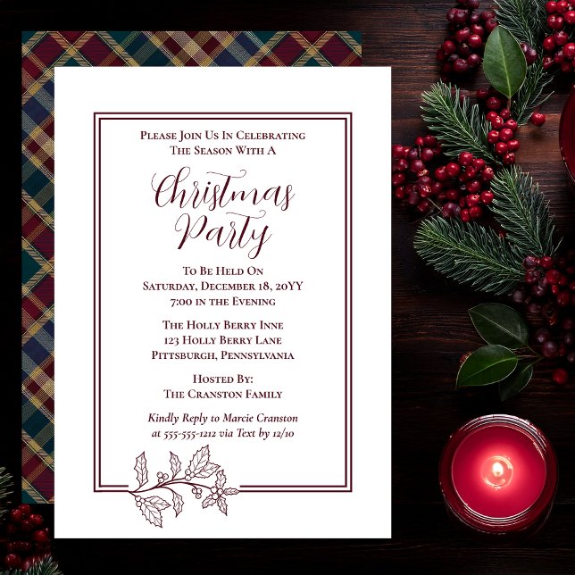 Tarjeta Festiva Elegante Holly | Fiesta de Berries Rich Plaid Navi (Elegant Holly and Berries with Rich Plaid Christmas Party Invitations - White | Dark Cranberry Red)