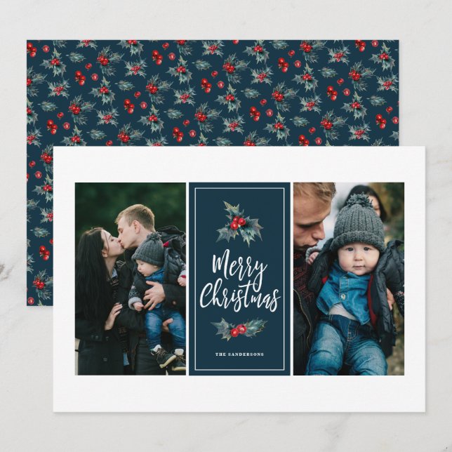 Tarjeta Festiva Elegante Holly pintado | Navidades Blue Two Photo (Anverso / Reverso)