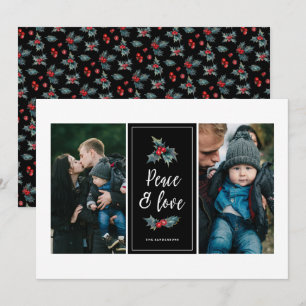 Tarjeta Festiva Elegante Holly pintado Peace Love Black Two Phot