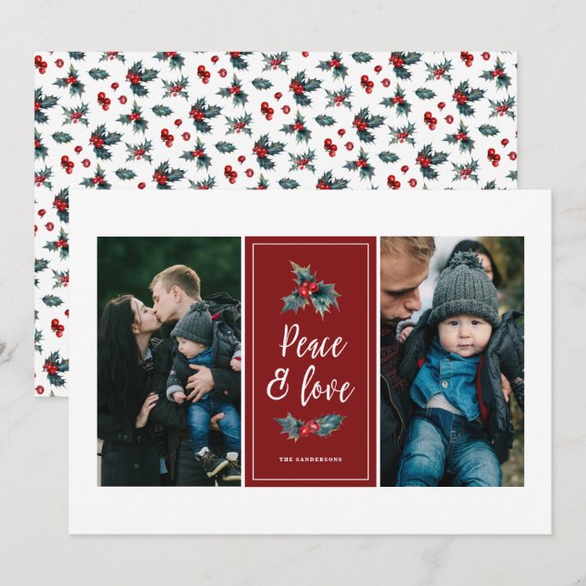 Tarjeta Festiva Elegante Holly pintado | Peace Love Red Two Photo (Anverso / Reverso)