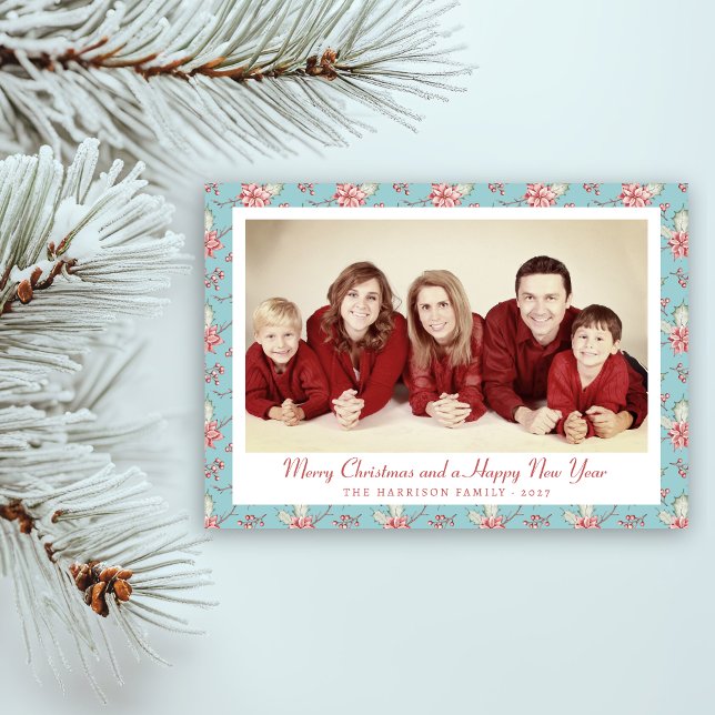 Tarjeta Festiva Elegante Huevo de Pato Azul Foto Holly (elegat duck egg blue holly photo holiday card)