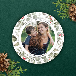 Tarjeta Festiva Elegante invierno blanco verde Wreath Photo Round