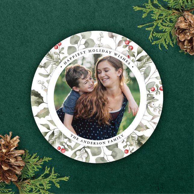 Tarjeta Festiva Elegante invierno blanco verde Wreath Photo Round (Subido por el creador)