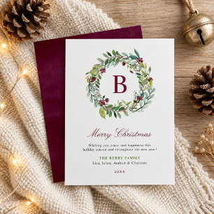 Tarjeta Festiva Elegante invierno verde borgoña Monograma Wreath
