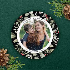 Tarjeta Festiva Elegante invierno verde Wreath 1 foto redonda