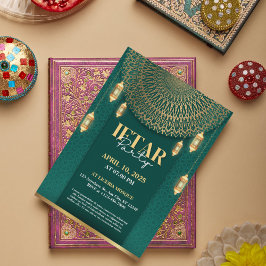 Tarjeta Festiva Elegante Invitat Fiesta Verde y Oro Ramadán Iftar