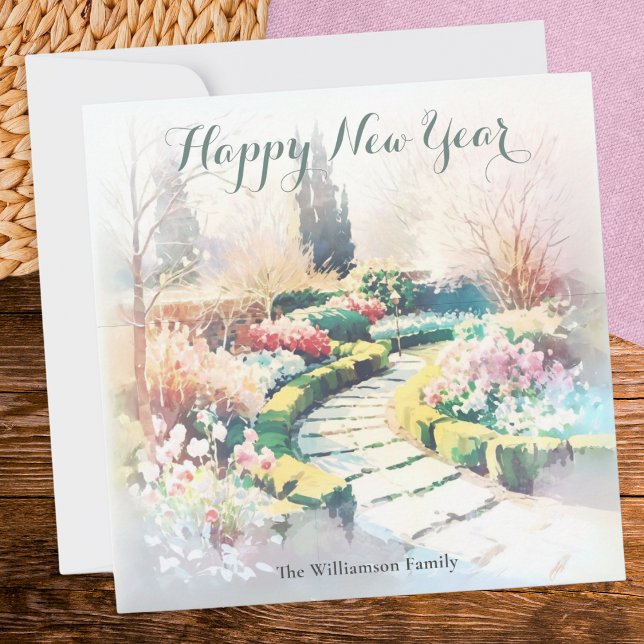 Tarjeta Festiva Elegante jardín botánico chic de invierno elegante (A personalized greeting card with 'Happy New Year' words and misty winter garden illustration)