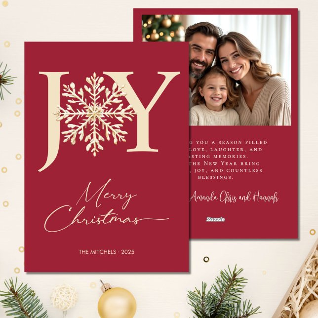 Tarjeta Festiva Elegante JOY Gold Snowflake Photo Navidades (Subido por el creador)