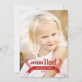 Tarjeta Festiva Elegante Joyeux Noel Rustic Snowflakes Photo Red