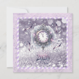 Tarjeta Festiva Elegante Lavanda Año Nuevo 2026, Reloj, Cintas
